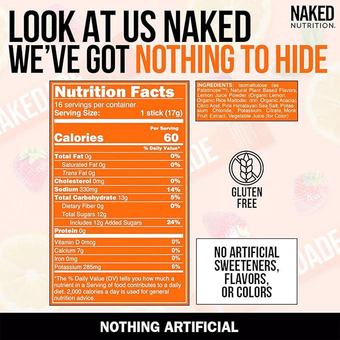 Nakedade Strawberry Lemonade ??Performance Enhancing Sports Drink Powder - Electrolyte Powder ??No GMOs or Artificial Sweeteners, Gluten-Free, Soy-Free, Dairy-Free ??16 Sticks