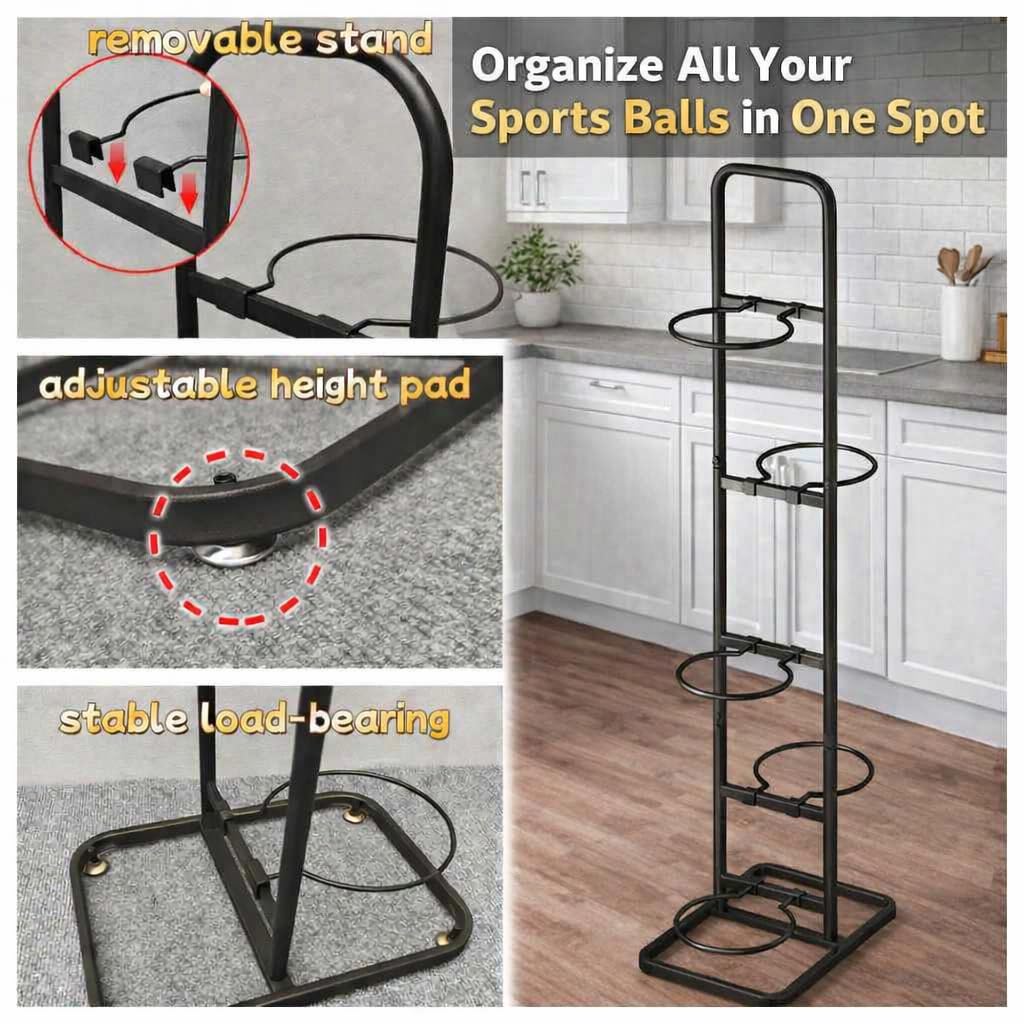 MLUPODY Vertical Ball Rack -basketball rack- Durable Carbon Steel Storage for Basketball, Soccer, Volleyball, and More - Easy to Assemble, Waterproof, Sturdy - 56.7" H