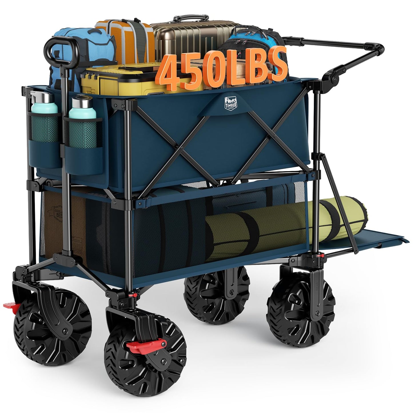TIMBER RIDGE Push & Pull Double Decker Wagon, 400L Large Capacity Heavy Duty & 450lb Load, Collapsible Cart with All-Terrain Wheels & Brakes, 54” Extended Foldable for Sports, Beach, Camping, Blue