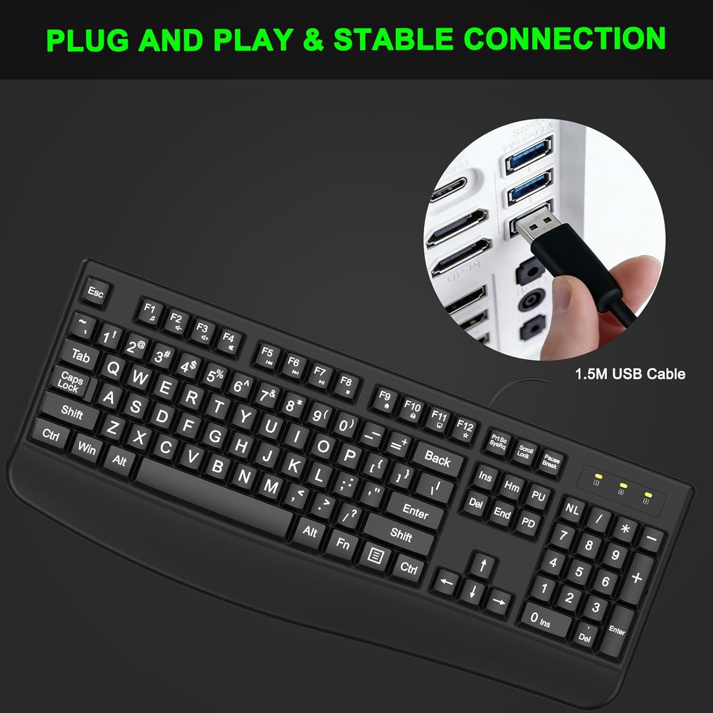 QUASIO 4X Large Print Ergonomic Keyboard, Full Size Keyboard with Wrist Rest, Silent Wired USB Computer Keyboard