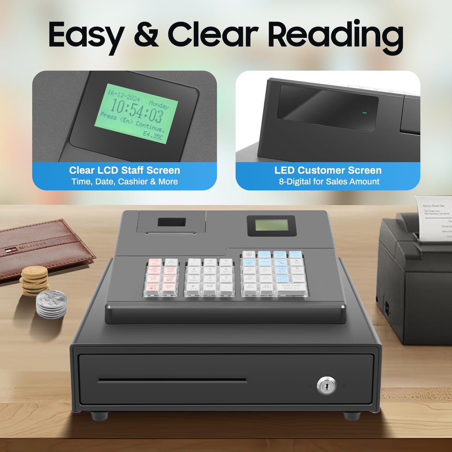 39 Keys Cash Registers with Locked Cash Drawer, Electronic Cashs Register for Small Businesses, 8 Digits LED Cash Register for Catering, Supermarkets, Clothing Stores, Hamburger Stores