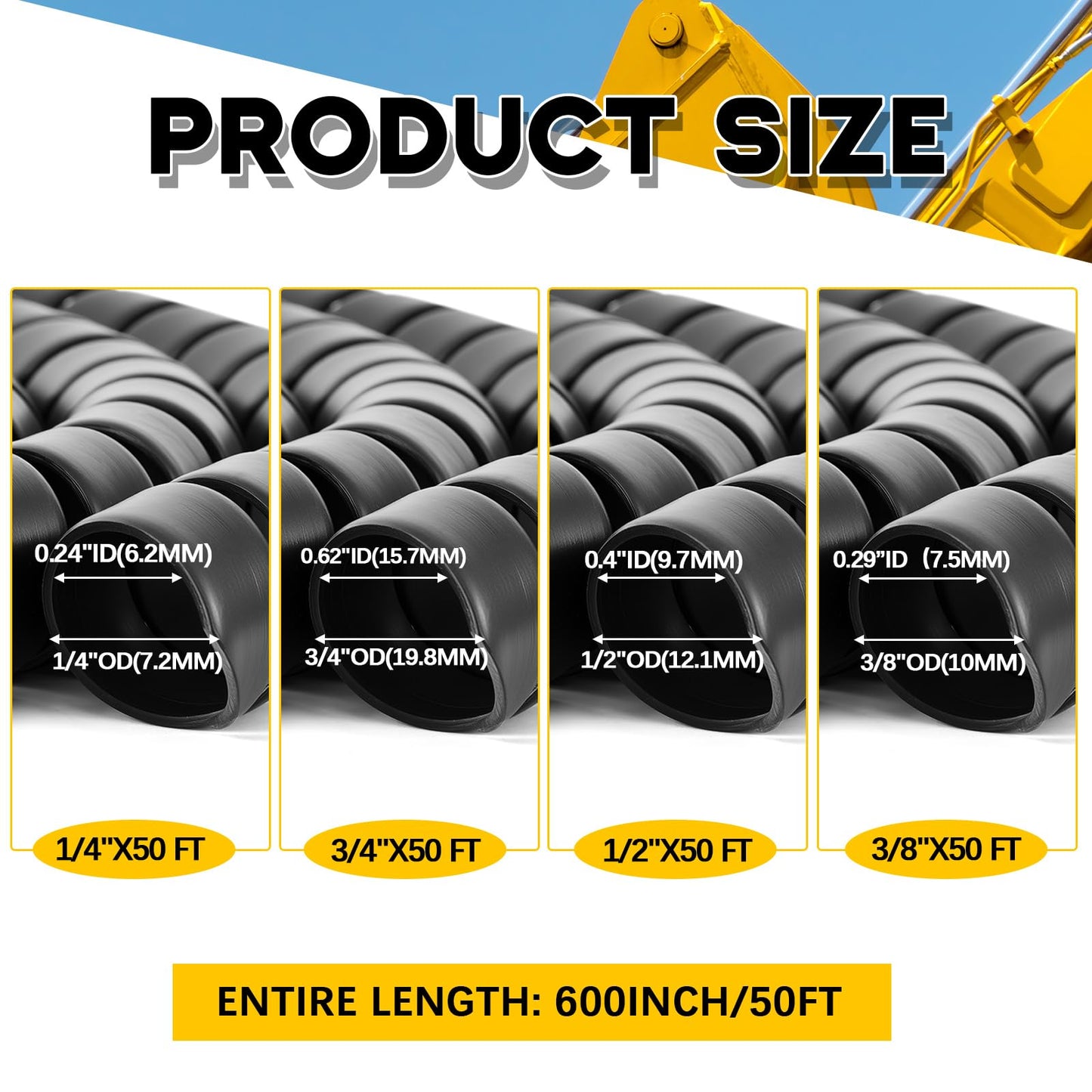 Innconee 4 Pcs Spiral Wrap Cable Protector, Safe 1/4"+3/8"+1/2"+3/4" Od x 50 ft Pre Cut Lengths Hydraulic Hose Protector Wrap to Avoid Wear and Extend Life for Hydraulic Pneumatic Hoses (Black)