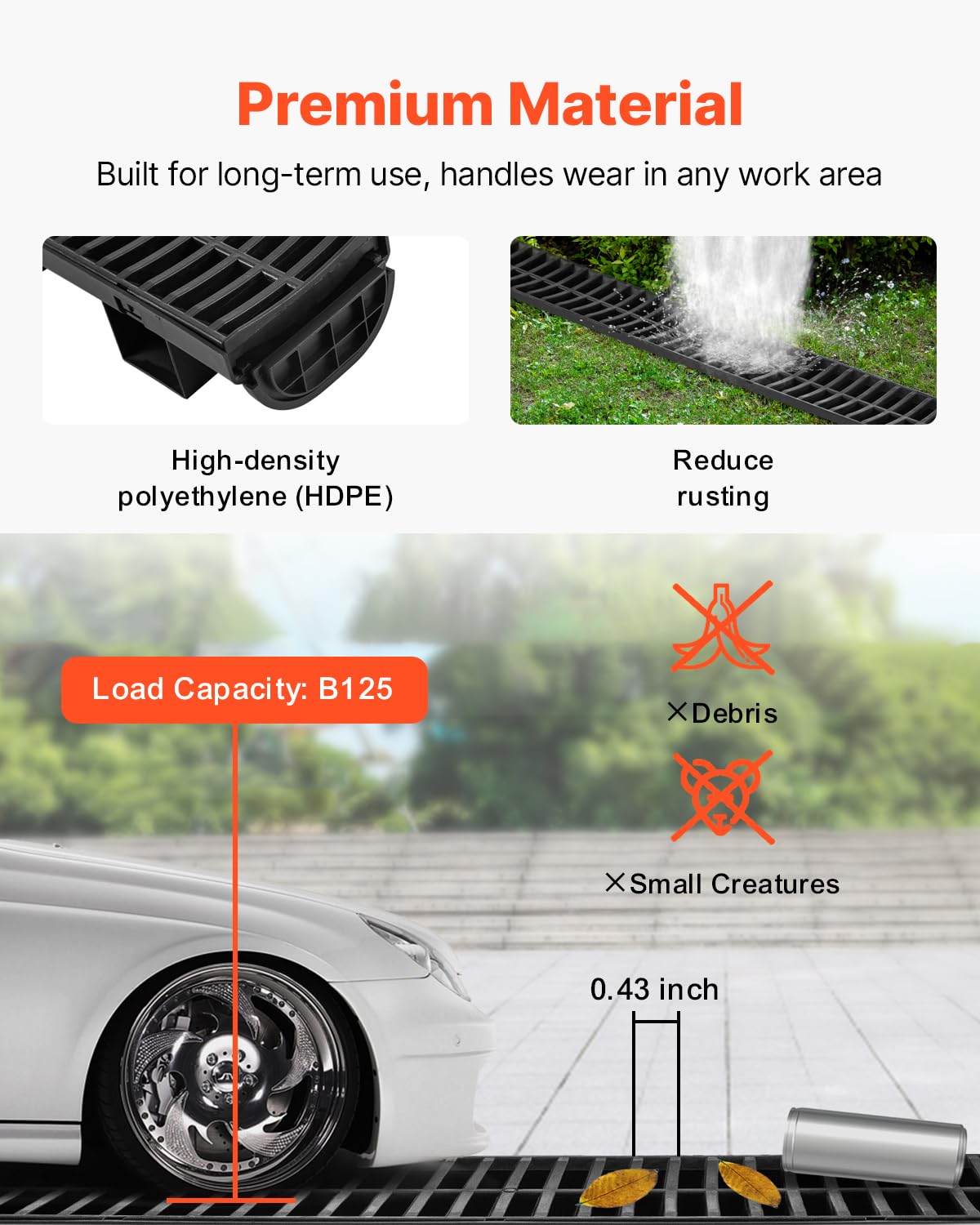 VEVOR Trench Drain System 6 Pack, Channel Drain with Plastic Grate 5.8 x 3.1 in HDPE Drainage Trench, Black Plastic Garage Floor Waterway 6 x 39 in with 6 End Caps for Garden Driveway