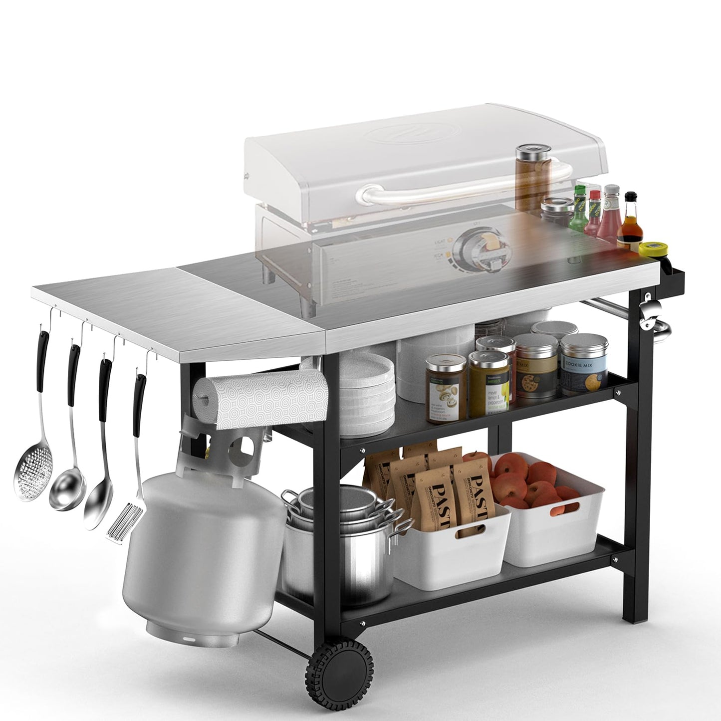Skyflame Heavy Duty Pizza Oven Table & BBQ Prep Cart, Stainless Steel Rolling Grill Cart with Lockable Wheels, 3 Shelf Outdoor Workstation for Griddle/Patio – 170 lbs, No Wobble