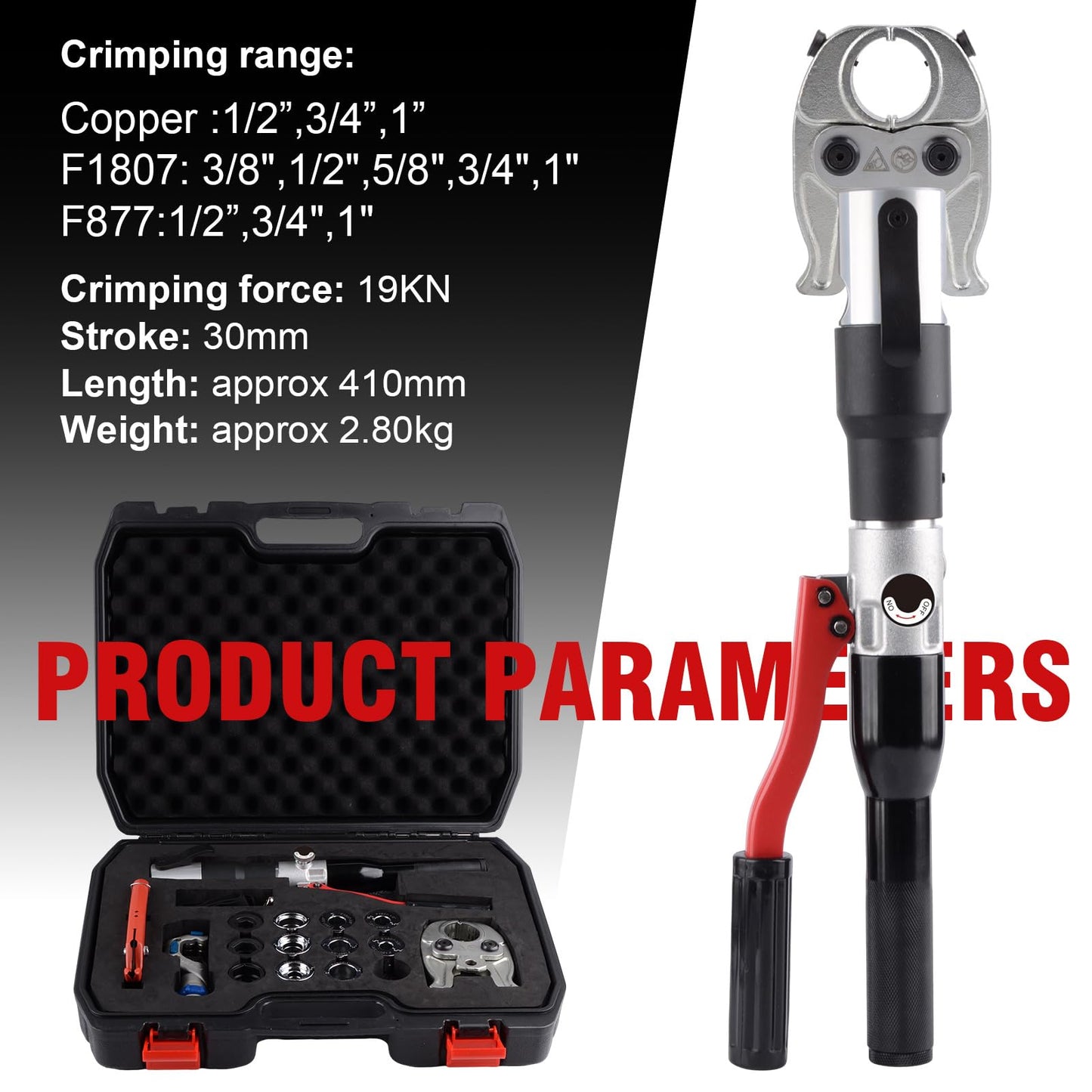 ketailei Hydraulic Crimping Tool | 65MPa Auto Pressure Relief | 1/2"-1" Dies for Copper Pipes & F877 PEX Sleeves | 3/8"-1" Dies for ASTM F1807 PEX Rings（KZ-1930SF）