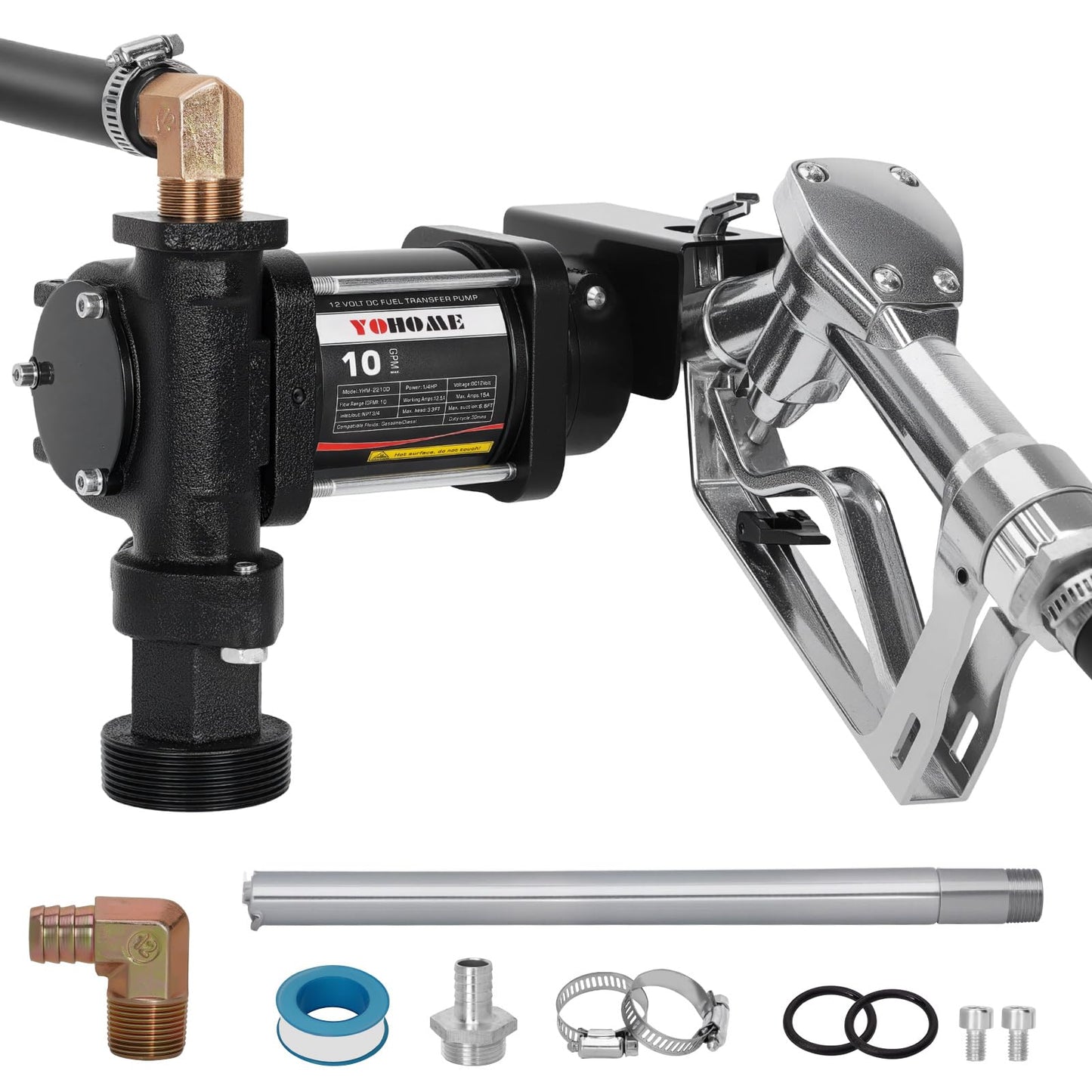 YOHOME 12V 10 GPM Fuel Transfer Pump with Discharge Hose & Manual Nozzle, Gasoline, Diesel, Kerosene & Biodiesel