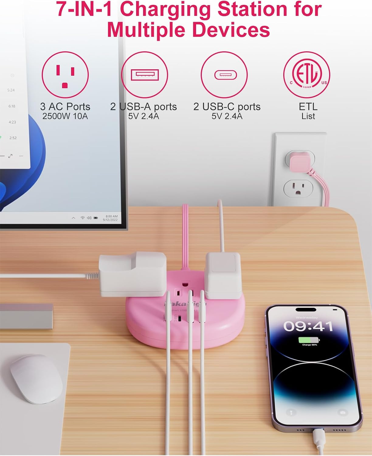 kakahigh 1080J 5 1625W 3 4 (24W/4.8A), Pink Extension Cord with Surge Protected - FT Kawaii Power Strip, Cute Extension