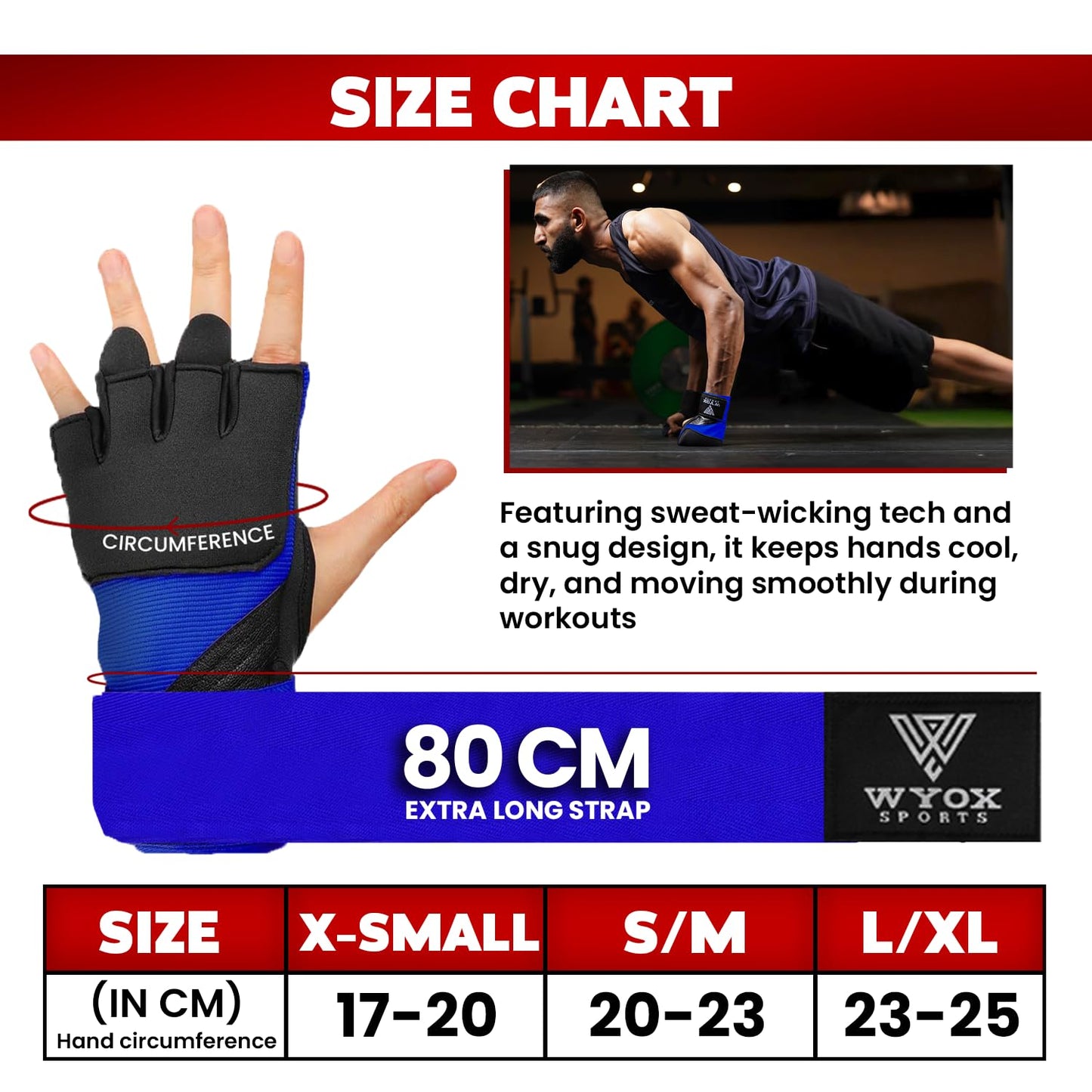 WYOX Gel Boxing Hand Wraps Inner Gloves for Men & Women, 80cm Quick Wrist Straps, Padded Knuckle Protection for Muay Thai Kickboxing, Hand Wraps for Boxing & Martial Arts (Blue, XS)