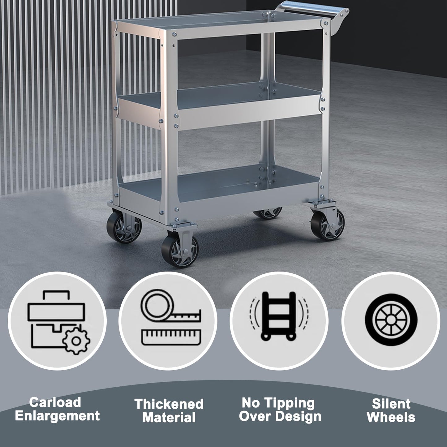 3-Tier 14 Gauge Stainless Steel Utility Cart, 1100 lbs Heavy Duty Service Cart with Wheels, Rolling Tool Cart on Wheels for Mechanic, Garage, Workshop, Warehouse, 15.75" D x 30.7" W x 36.2" H