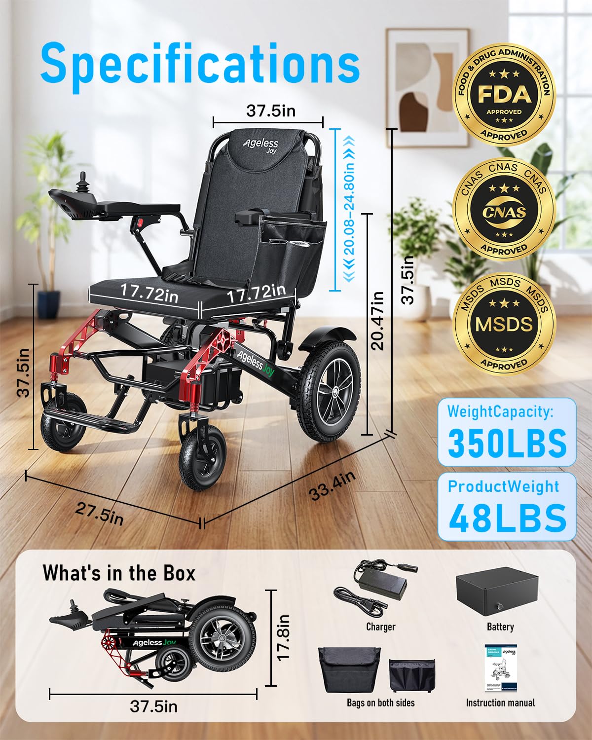 AGELESSJOY Electric Wheelchairs for Adults & Seniors, 15 Miles Range All-Terrain Foldable Portable Power Motorized Wheelchair with 500W Motors, Airline Approved 350 lbs Capacity, Red