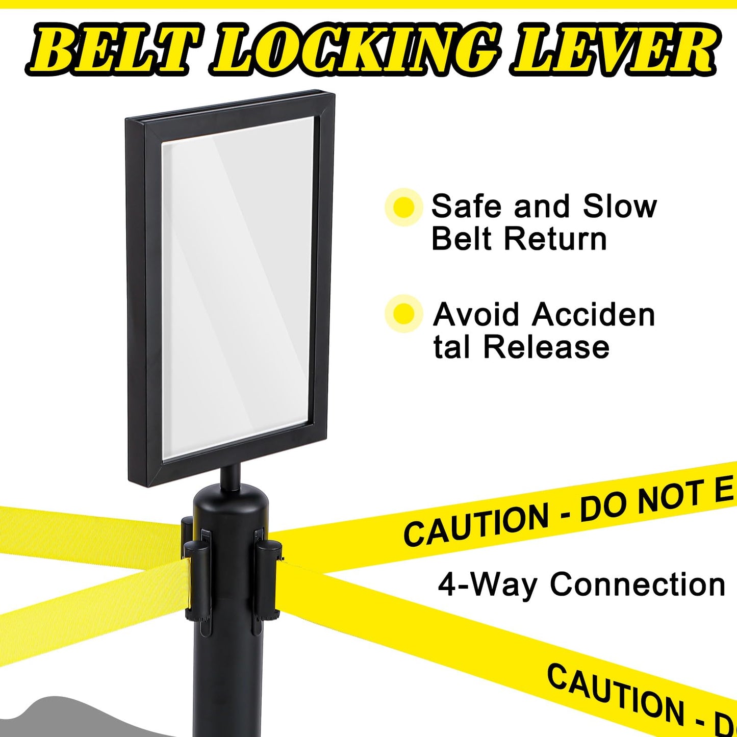 Therwen 6 Pack Heavy Duty Crowd Control Stanchions 9.8 ft Stainless Steel Stanchion Set with 6 Safety Barrier Post Retractable Belt and 1 Sign Holder Crowd Control Barrier(Caution Belt,Black)