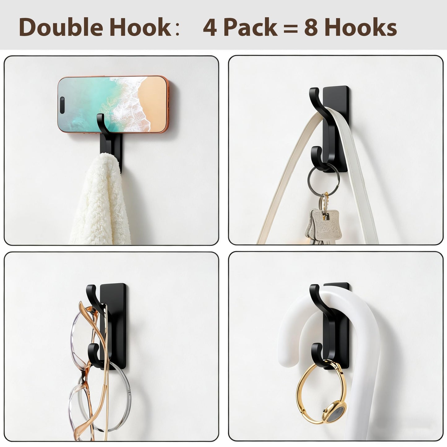 pickpiff Wall Hooks with Adhesive Strip - Easy to Remove, No Residue, Strong Heavy Duty Sticky Towel Hook, 8 Pack Black