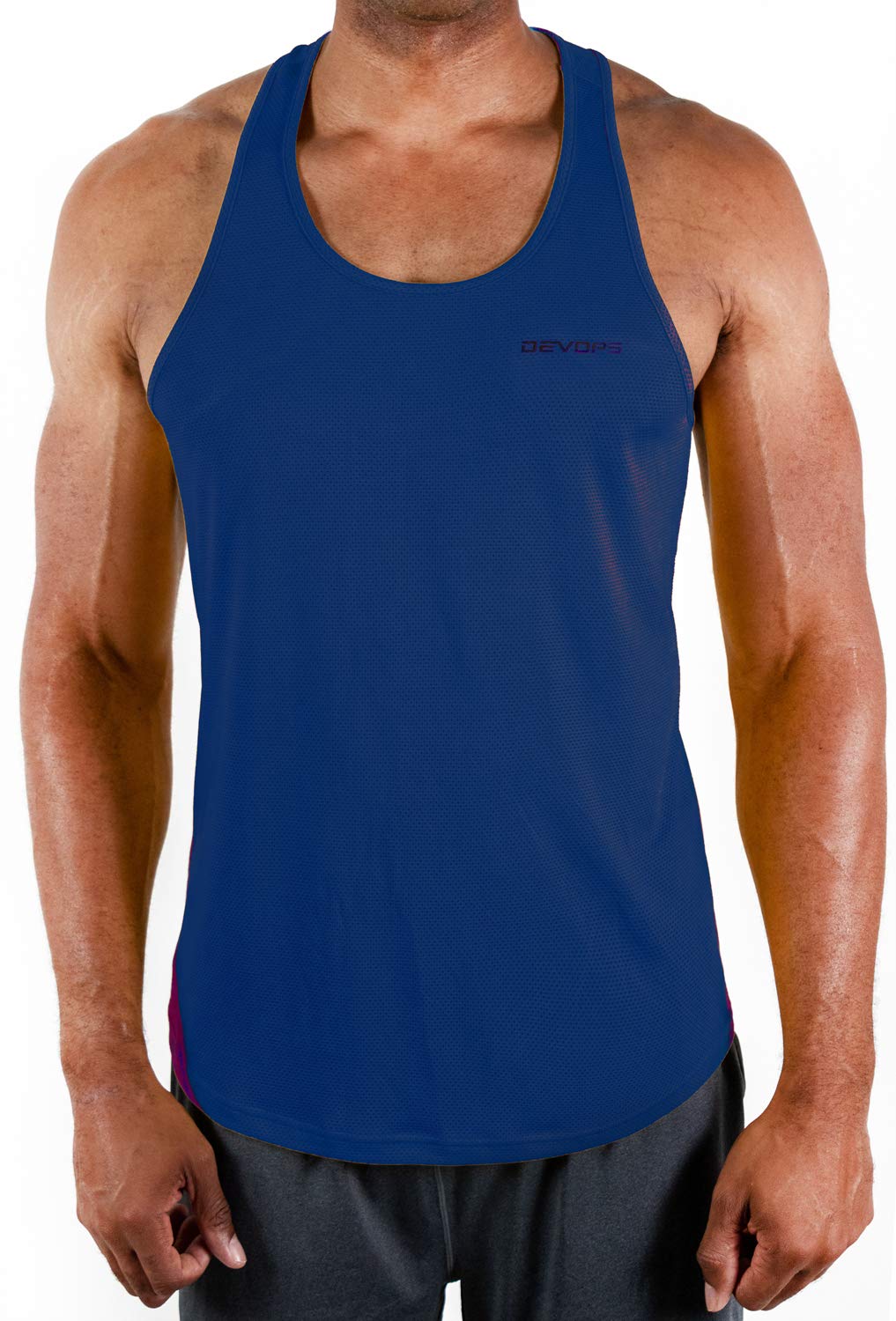 DEVOPS 3 Pack Men's Y-Back Dry Fit Muscle Gym Workout Tank Top (Large, Black/Navy/Blue)