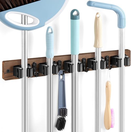 Brown Broom Holder Wall Mount - Heavy-Duty Wood Mop & Broom Organizer with 5 Slots & 4 Hooks | Rustic Tool Hanger for Laundry, Kitchen & Garage Storage