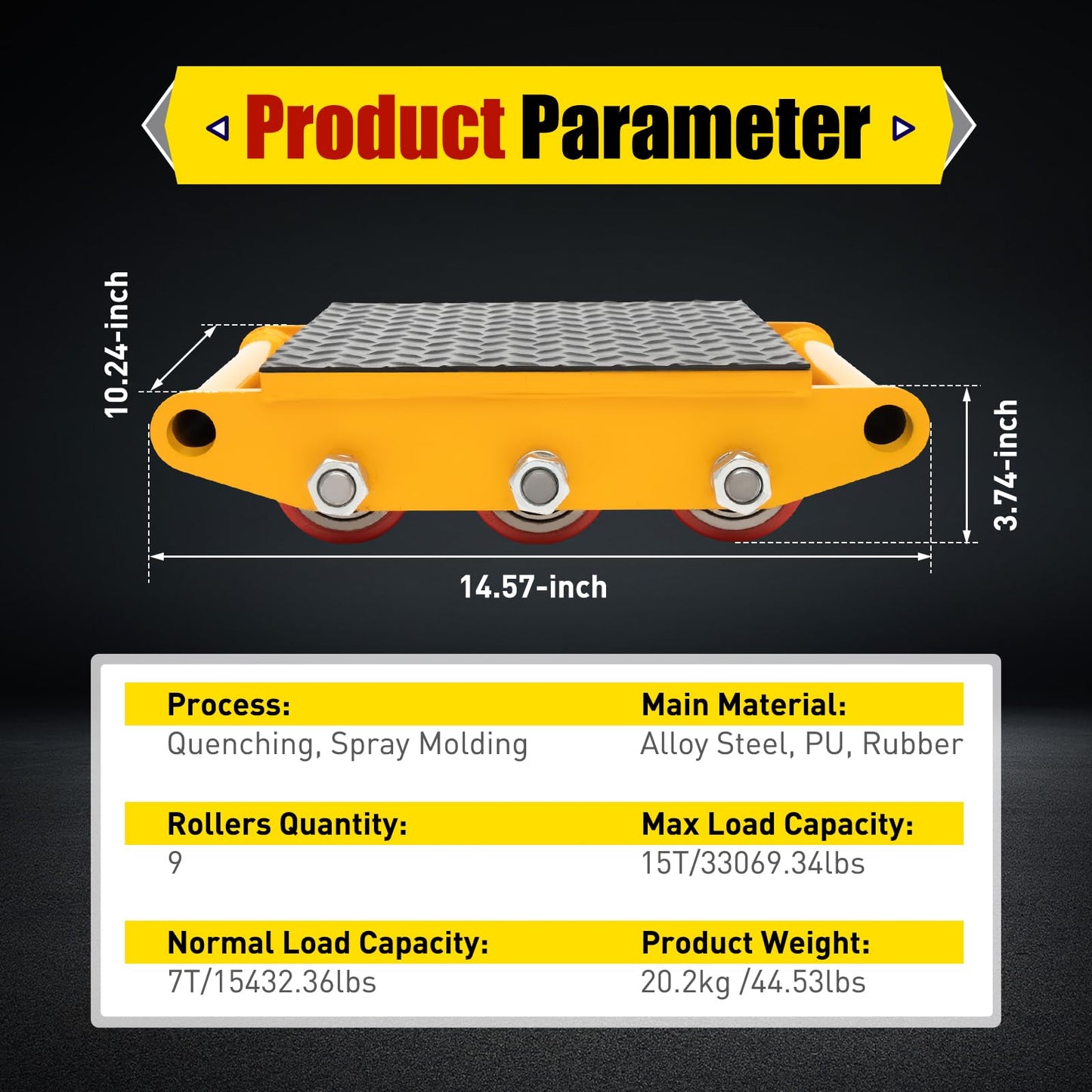 Machinery Skates, 33069.34lbs Max Capacity Industrial Machinery Mover with 9 Rollers, Heavy Duty Machine Dolly Skate for Industrial Moving Equipment, Yellow, 1pc