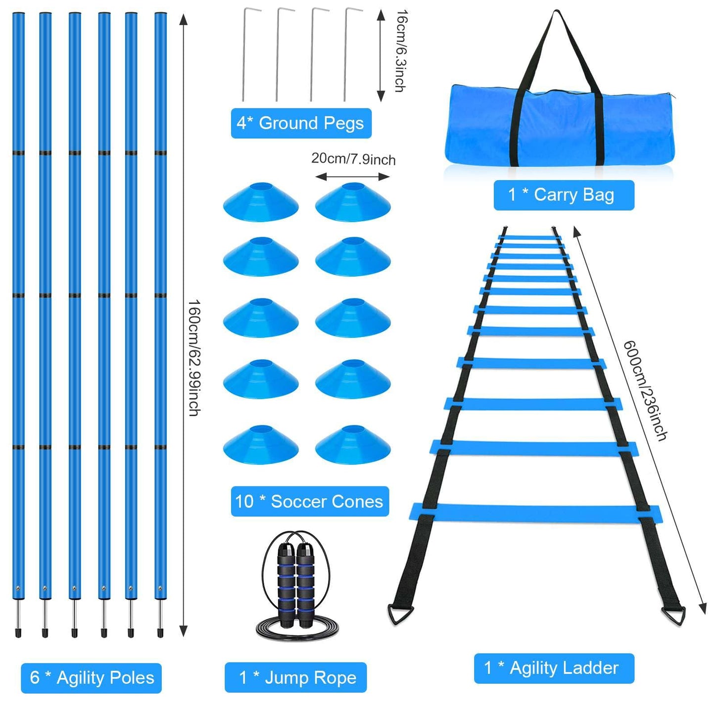 YGORTECH Soccer Agility Training Equipment, Includes 20ft Agility Ladder, 6 Adjustable Agility Poles, 10 Disc Cones, Jump Rope-Speed Training Set for Soccer Football Basketball Athletes Blue