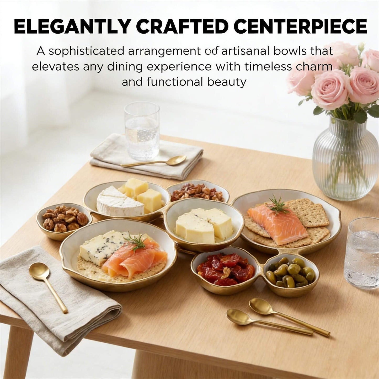 9-Piece Round Cluster Serving Bowls Set Gold Connected Design for Entertaining Snacks Nuts Chips Sturdy Serving Tray Decorative Tableware Supplies Platter Box for Candy Cocktail Party Serving Sets