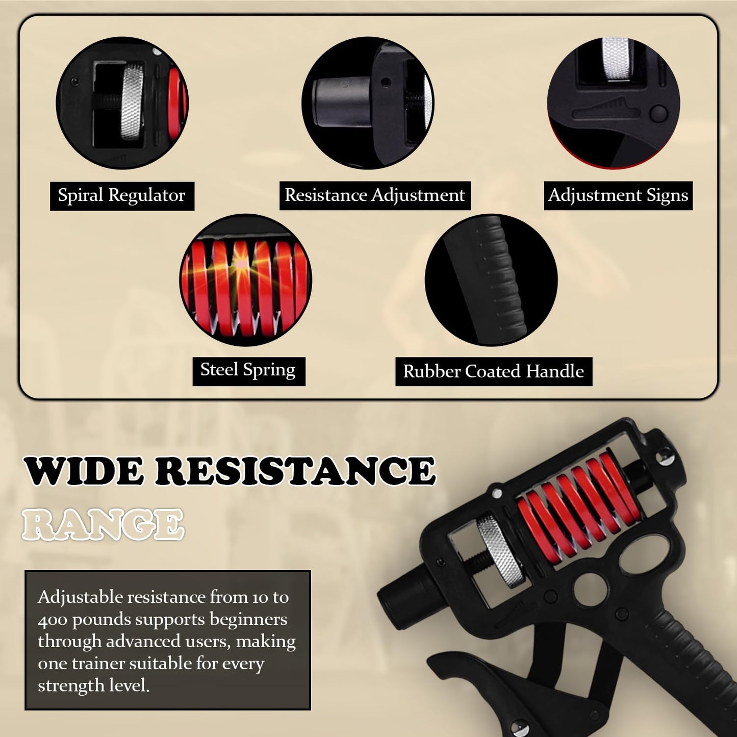 Adjustable 10–400 lb Grip Strength Trainer (Premium Adjustable Grip Strengthener for Forearm Training) Alloy Frame, Titanium-Plated Steel, TPR Non-Slip Handles | Color Black