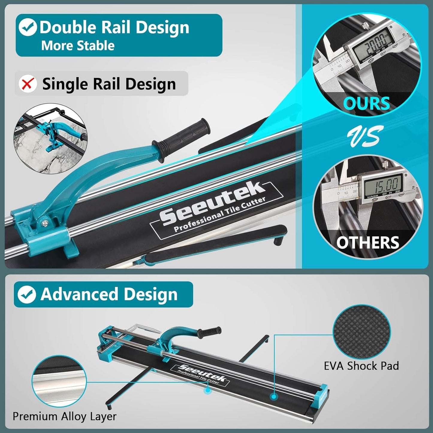 Seeutek Tile Cutter, 48 inch Professional Manual Porcelain Ceramic Tile Cutter, Double Rails Design Tile Cutter Tool, with Extra Tungsten Cutting Wheel and Laser Positioning
