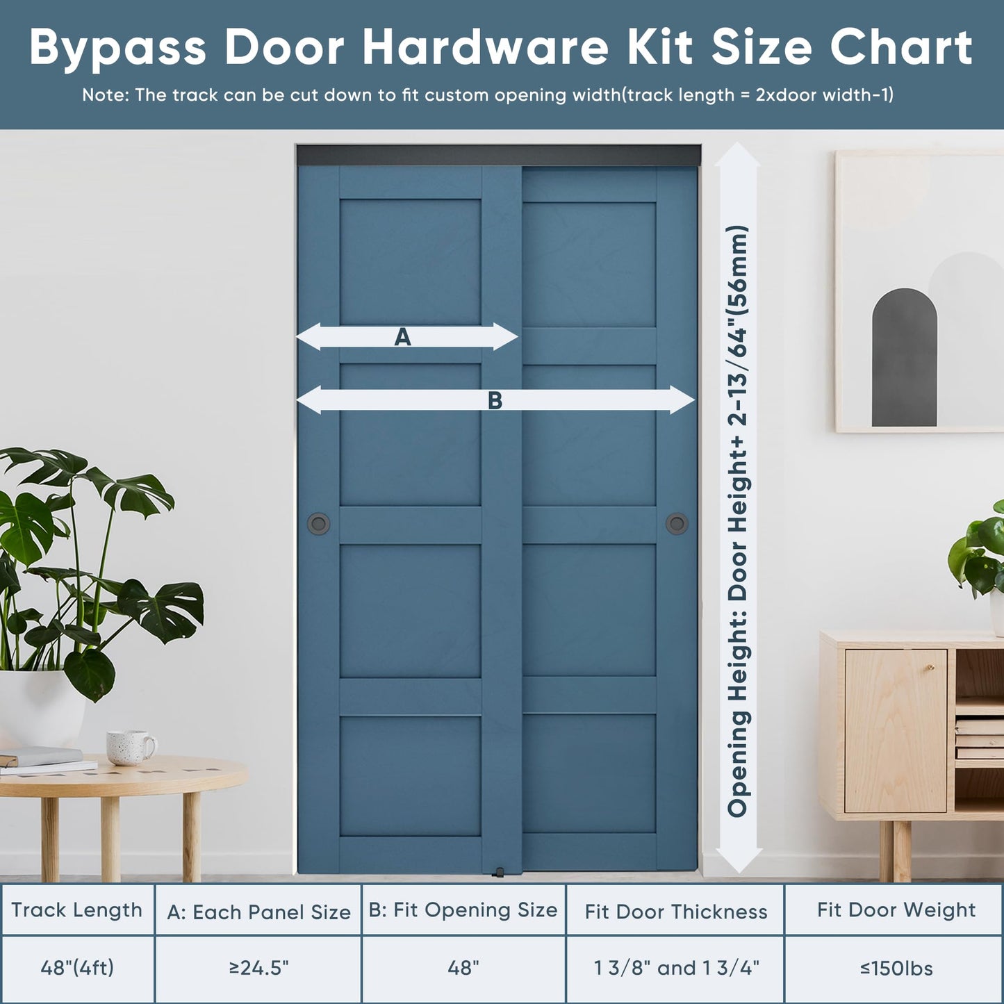JUBEST 4FT Heavy Duty Bypass Door Hardware with Finger Pulls,Sturdy Aluminum Sliding Closet Door Track for 2 door System,Quietly and Smoothly,Fit Door Thickness 1 3/8" or 1 3/4",Easy to Install, Black