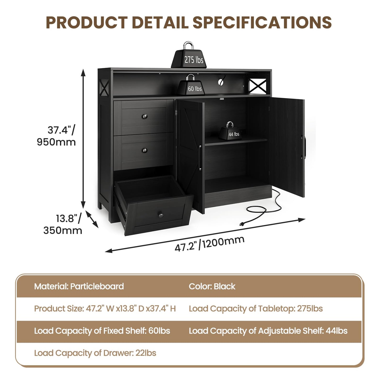 IDEALHOUSE 47" Buffet Cabinet Sideboard, Farmhouse Coffee Bar with Open Shelf, 2 Doors and 3 Drawers, Wood Wine Bar Storage Cabinet with Built-in Charging Station for Dining Room Living Room- Black