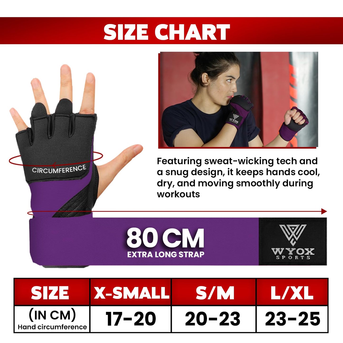 WYOX Gel Boxing Hand Wraps Inner Gloves for Men & Women, 80cm Quick Wrist Straps, Padded Knuckle Protection for Muay Thai Kickboxing, Hand Wraps for Boxing & Martial Arts (Purple, S/M)