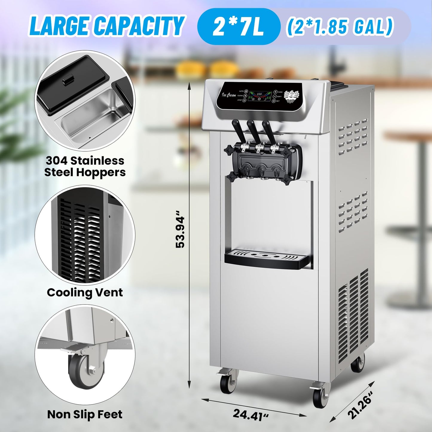 Garvee High Productivity Soft Serve Ice Cream Machine – Commercial 2+1 Flavors – 2200W – 5.8-8 Gal/Hr – LCD Display Screen – Automatic Cleaning – Ideal for Restaurants, Snack Bars, Ice Cream Shops,