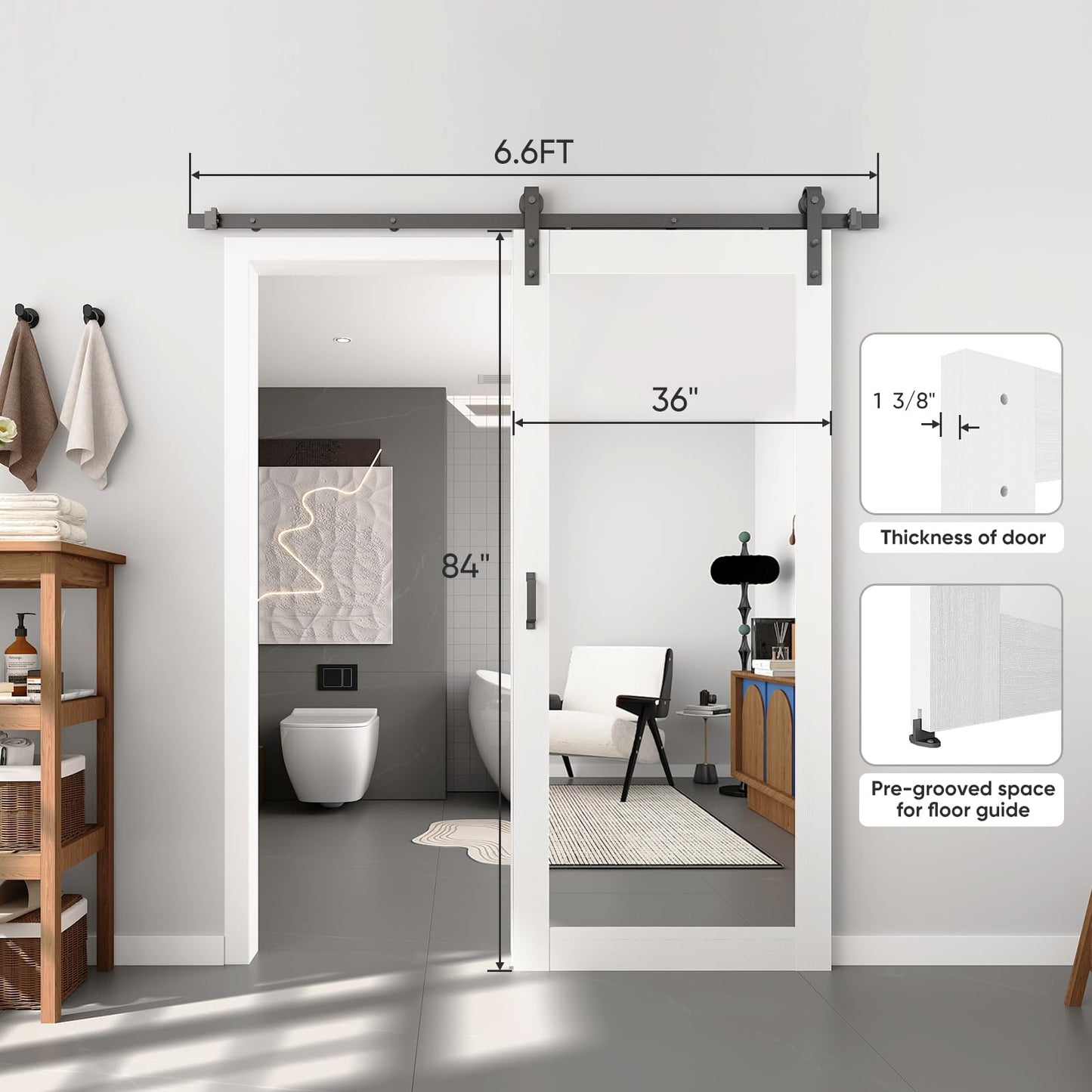 BARNSMITH 36in x 84in Mirror Barn Door with 6.6FT Sliding Door Hardware Kit Included, 1 Lites Full Length Mirror Door, Solid Wood Water-Proof PVC Surface,No Assembly Required,White