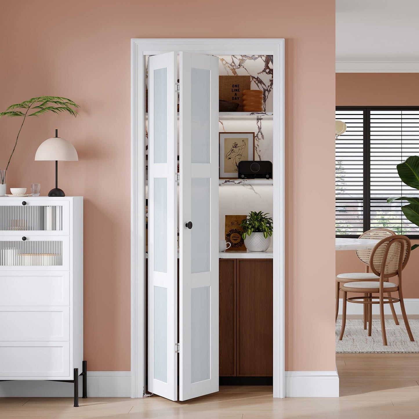 EaseLife Preassembled Bi-Fold Doors, for 28"x 80" Opening,Tempered Frosted Glass Closet Folding Barn Door with Concealed Hardware Kit,MDF Wood Panel,Water-Proof PVC Surface,Easy Installation
