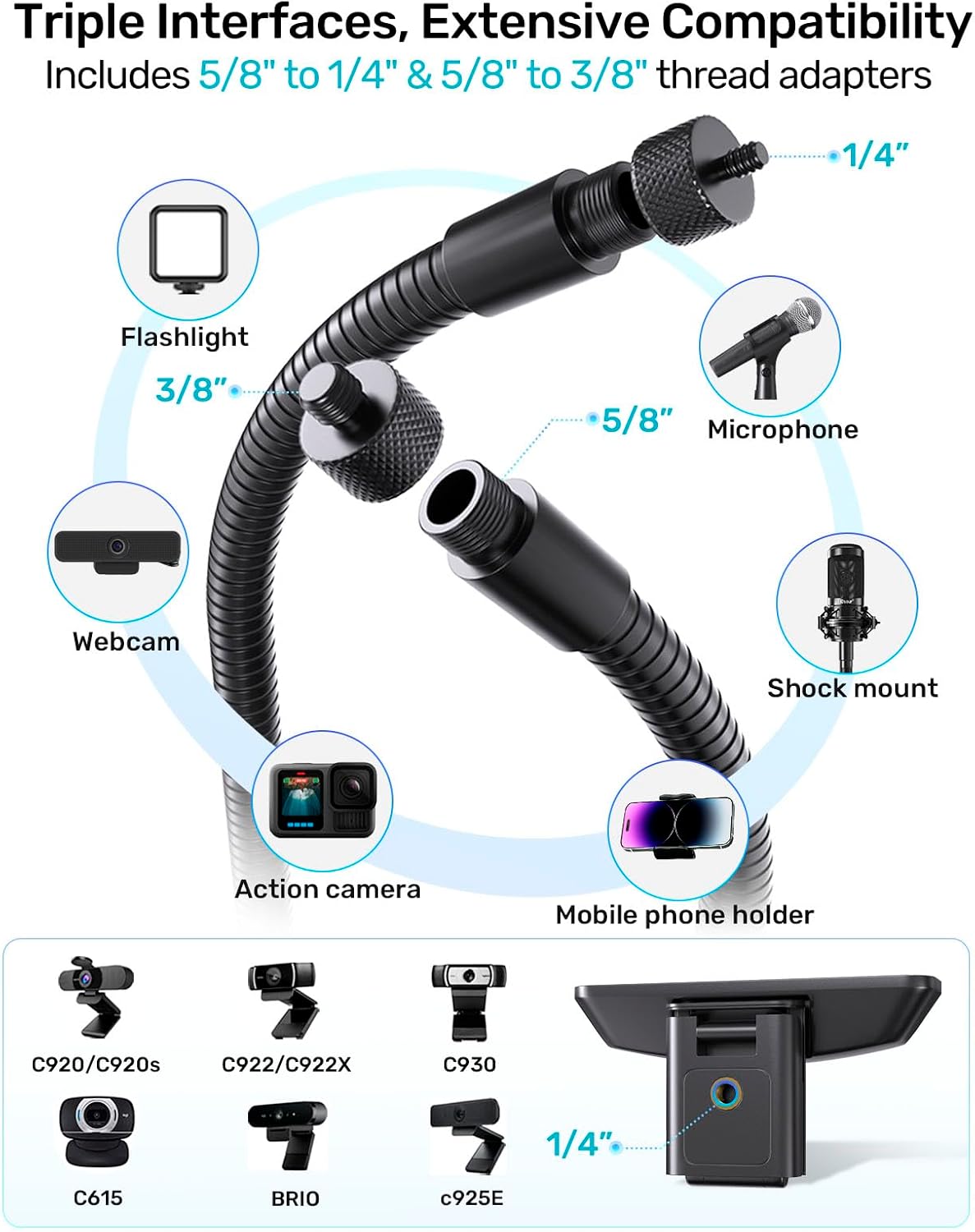 Etour 19" 4K C920 C920s C922 C922x C925e C930 C930e C960 C615 N60, 1/4" Webcam Stand Mount for Desk, Flexible Gooseneck
