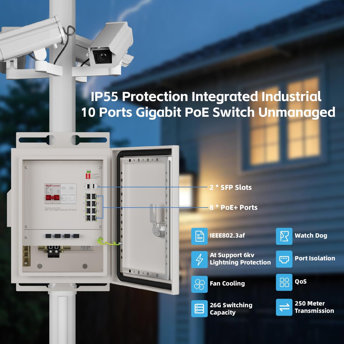 keepLiNK Outdoor Industrial PoE Switch Box, Integrated 8 Ports Gigabit PoE Switch Unmanaged, 2 SFP Slots, 300W Power Supply, Air Circuit Breaker, AC Lightning Arrester, IP55 Durable Metal Casing