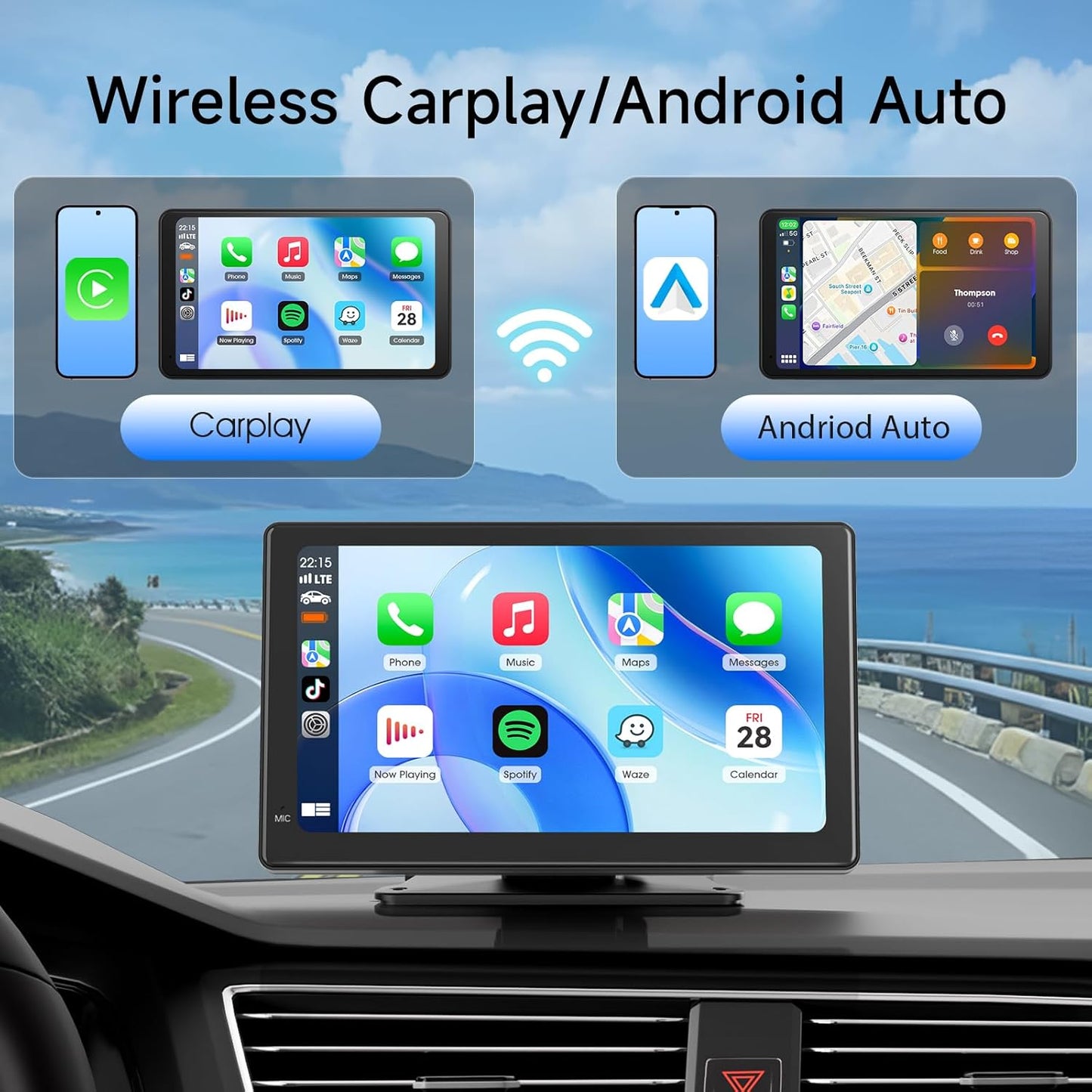 Haudio 7" 1080P Wireless CarPlay & Android Auto Screen for Car, Portable Car Stereo with Front & Rear Dash Cam, Backup