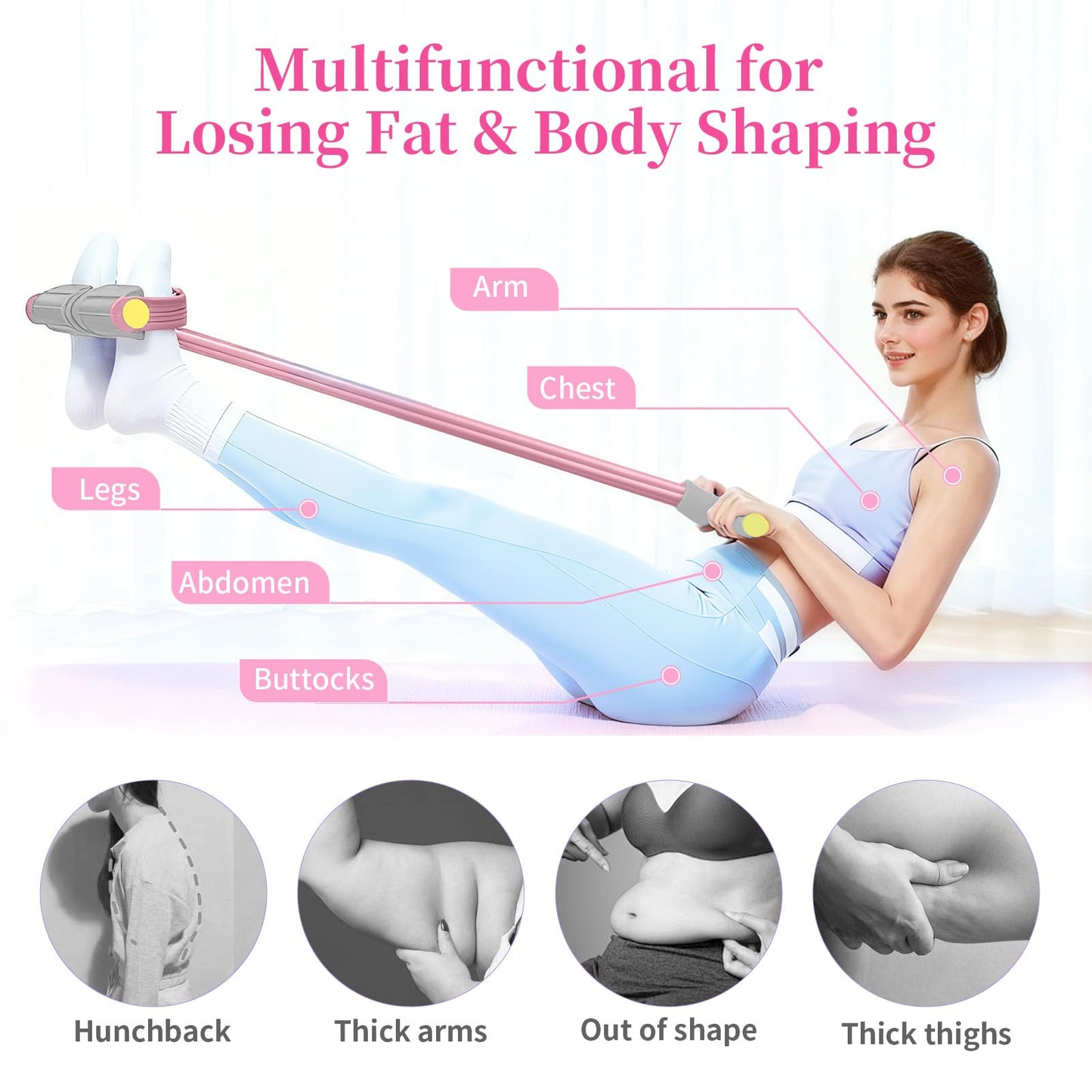 Pedal Resistance Bands with Handles, Durable 6-Tubes Multifunction Pedal Resistance Band, Natural Rubber Foot Pedal Resistance Bands, Fitness Resistance Bands for Abdomen, Waist, Arm, Leg (Pink)