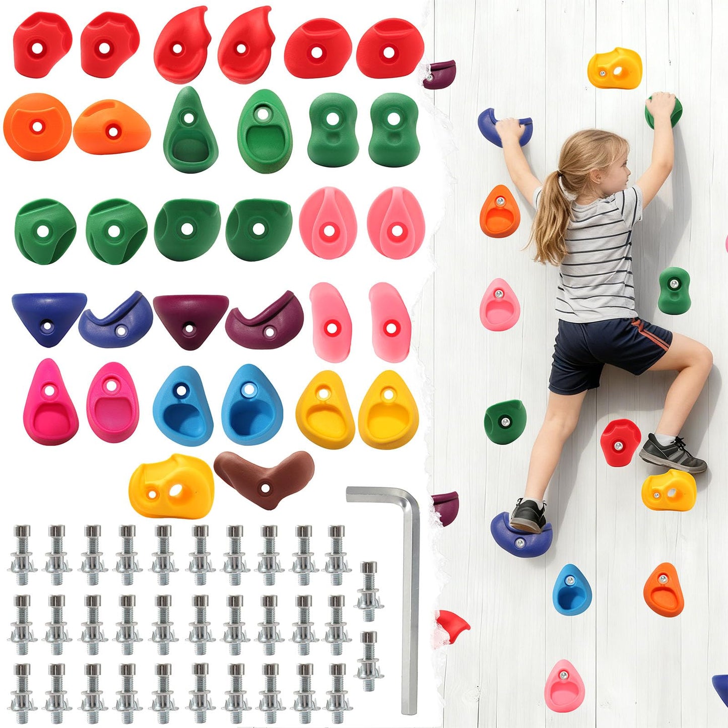 NEATATOU 32 PCS Rock Climbing Holds for Kids,Rock Climbing Wall Grips Climbing Rocks Wall Kit for Indoor and Outdoor Playground Play Set with Hardware （Style A）