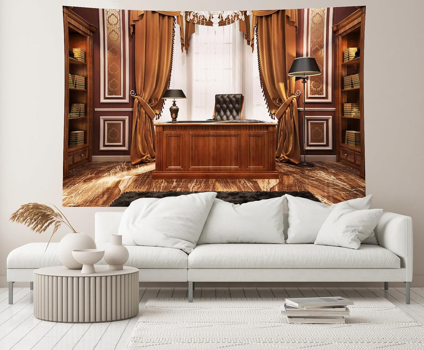 CHNYWORK 7x5ft Luxury Wood Home Office Backdrop Retro Classic Desk Chandelier Bookshelf Window Library Video Conference