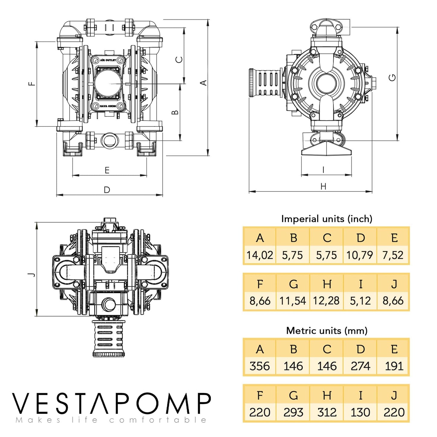 Vestapomp Air Operated Diaphragm Pump - New Version - Diaphragm Pump Air - Waste Oil AODD - Double Pneumatic Transfer (1 inch Discharge, Aluminum Body + Nitrile 40 GPM 100 PSI)