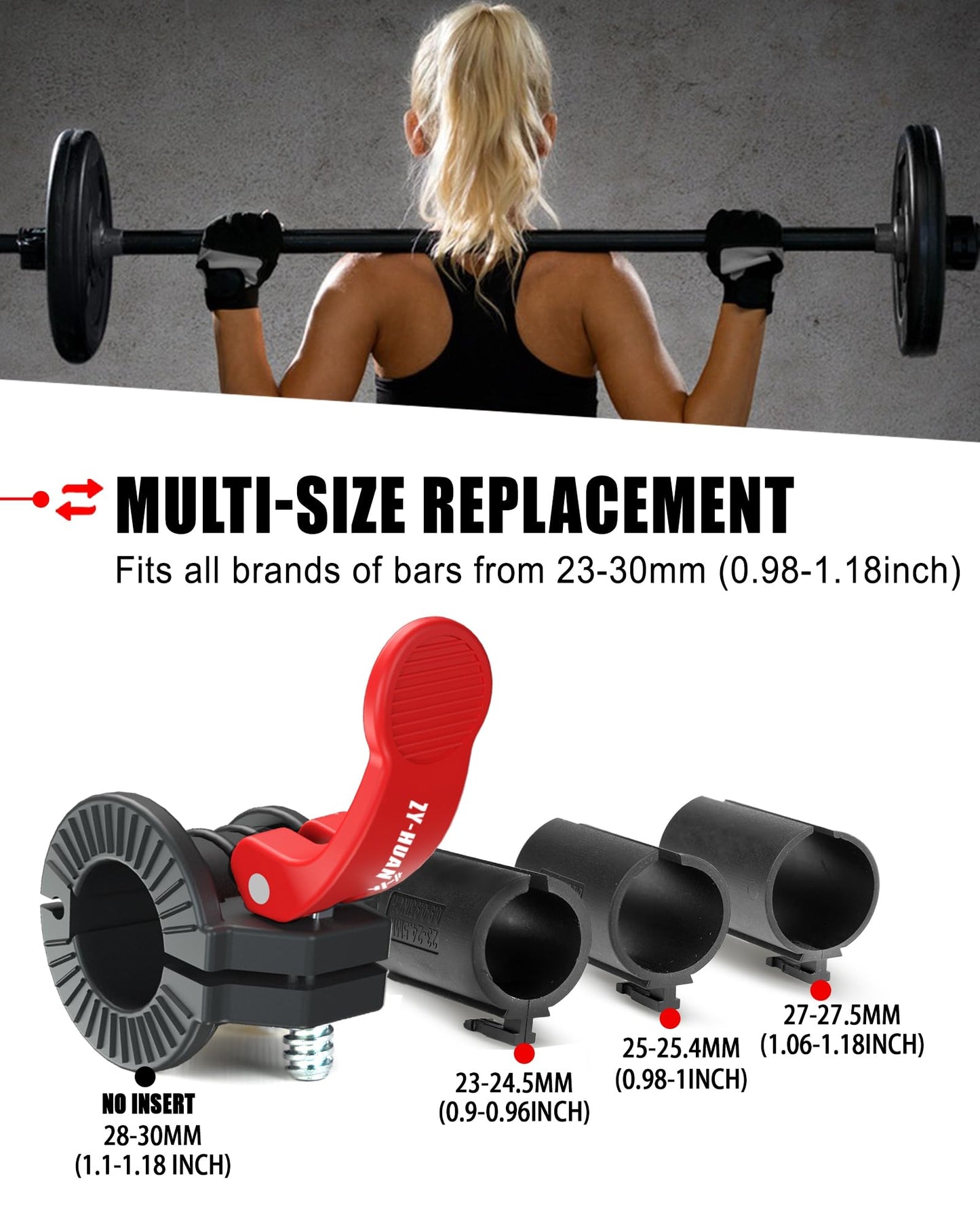 ZY-HUAN Pro Barbell Clips 1 inch Barbell Clamps 0.9-1.18inch Quick Release Weight Clips for Bars Multi-Size Adjustable Olympic Barbell Clamps (Black+Red)