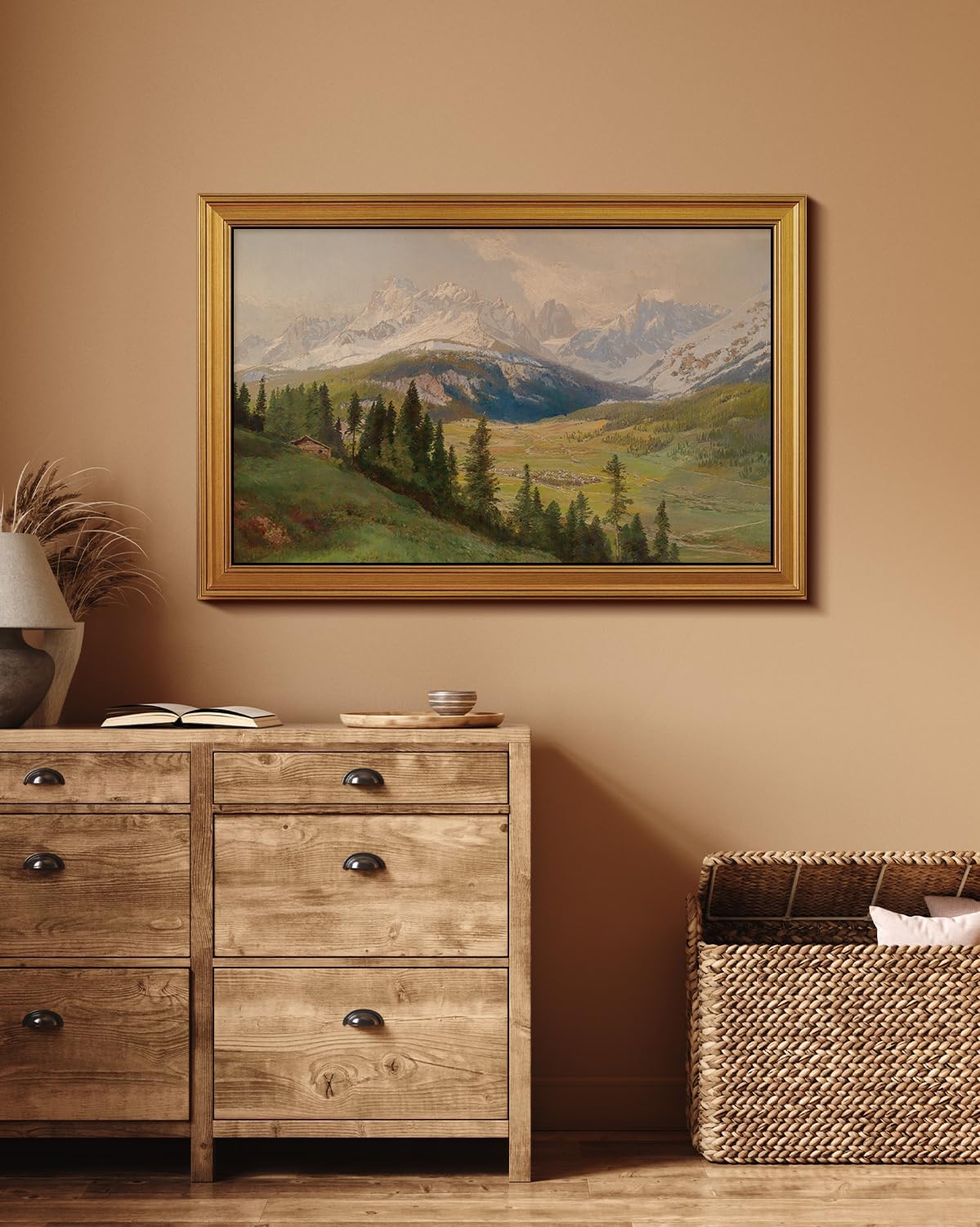 VIYYIEA Vintage Gold Framed Wall Art - Snow Mountains Canvas Print for Living Room | Large 36" x 24" Oil Painting