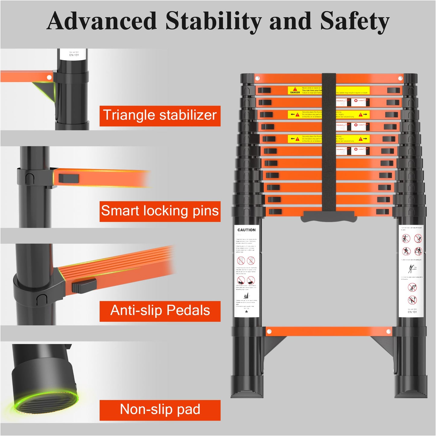 Telescoping Ladder, 12.5 FT Aluminum Extendable Ladder, 330 Lbs Capacity, Collapsible Folding Ladder for House, Roof, RV & Travel Trailer (Black+Orange)