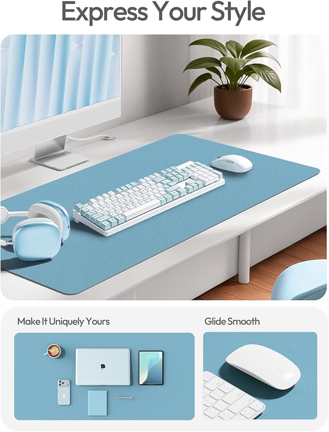 YSAGi Leather Desk Protector, Office Mat, Large Mouse Mat, Non-Slip PU Leather Blotter, Laptop Desk Mat, Waterproof Writing Pad for Office and Home (Sea Blue, 47.2" x 23.6")