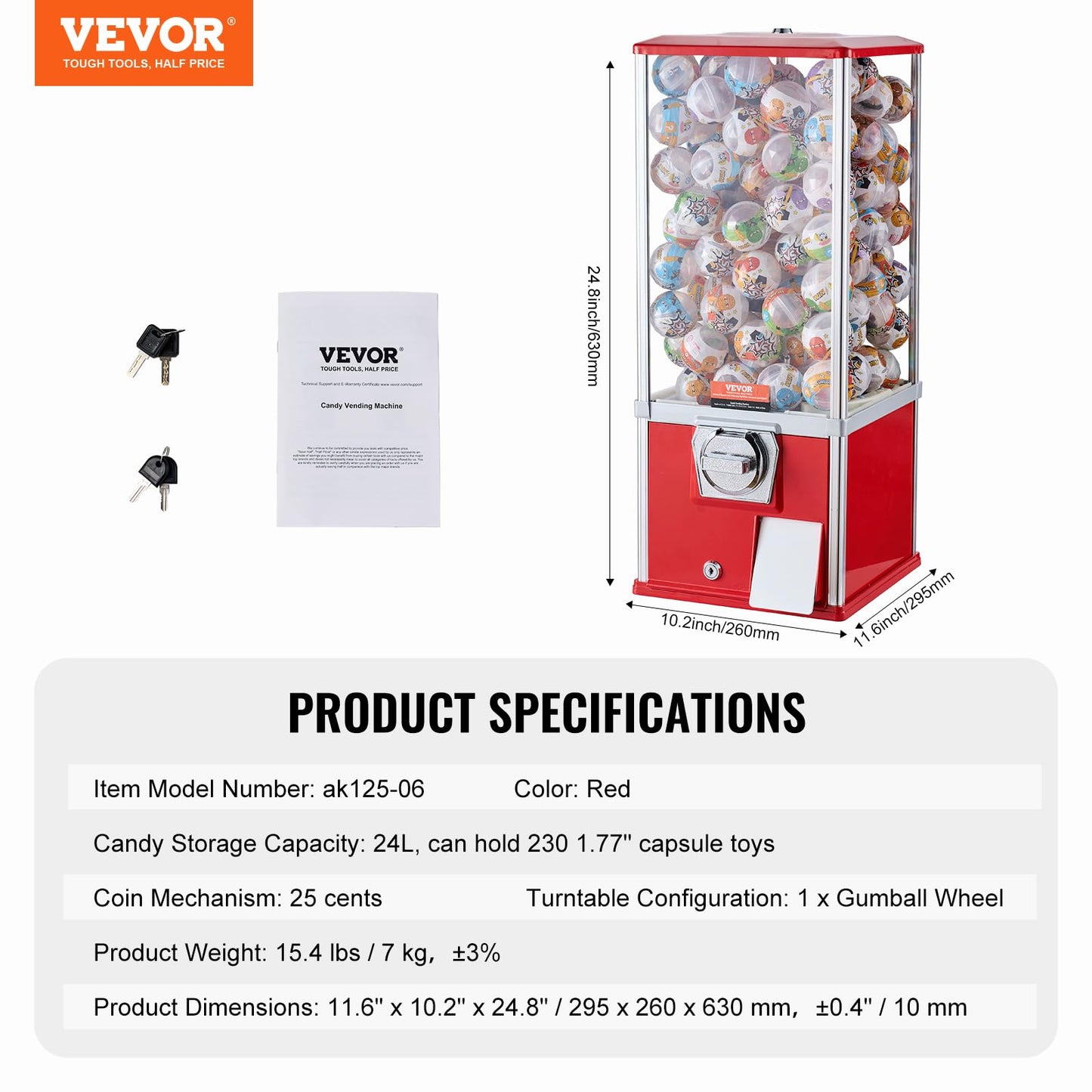 VEVOR Gumball Machine for Kids, 25" Height Home Vending Machine, PS Bouncy Balls Dispenser, Hold 230 Capsule Toys, Rectangle Bubble Gum Machine for Game Stores, Coin Operated Gumball Bank, Red