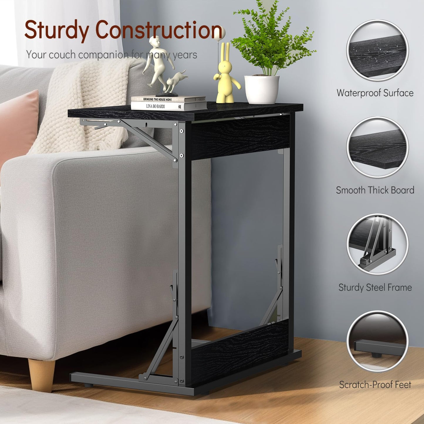 Tatub 24" Folding C Shaped End Table, Small Sofa Side Laptop Desk, Couch TV Tray Table for Living Room, Bedroom, Dark Black