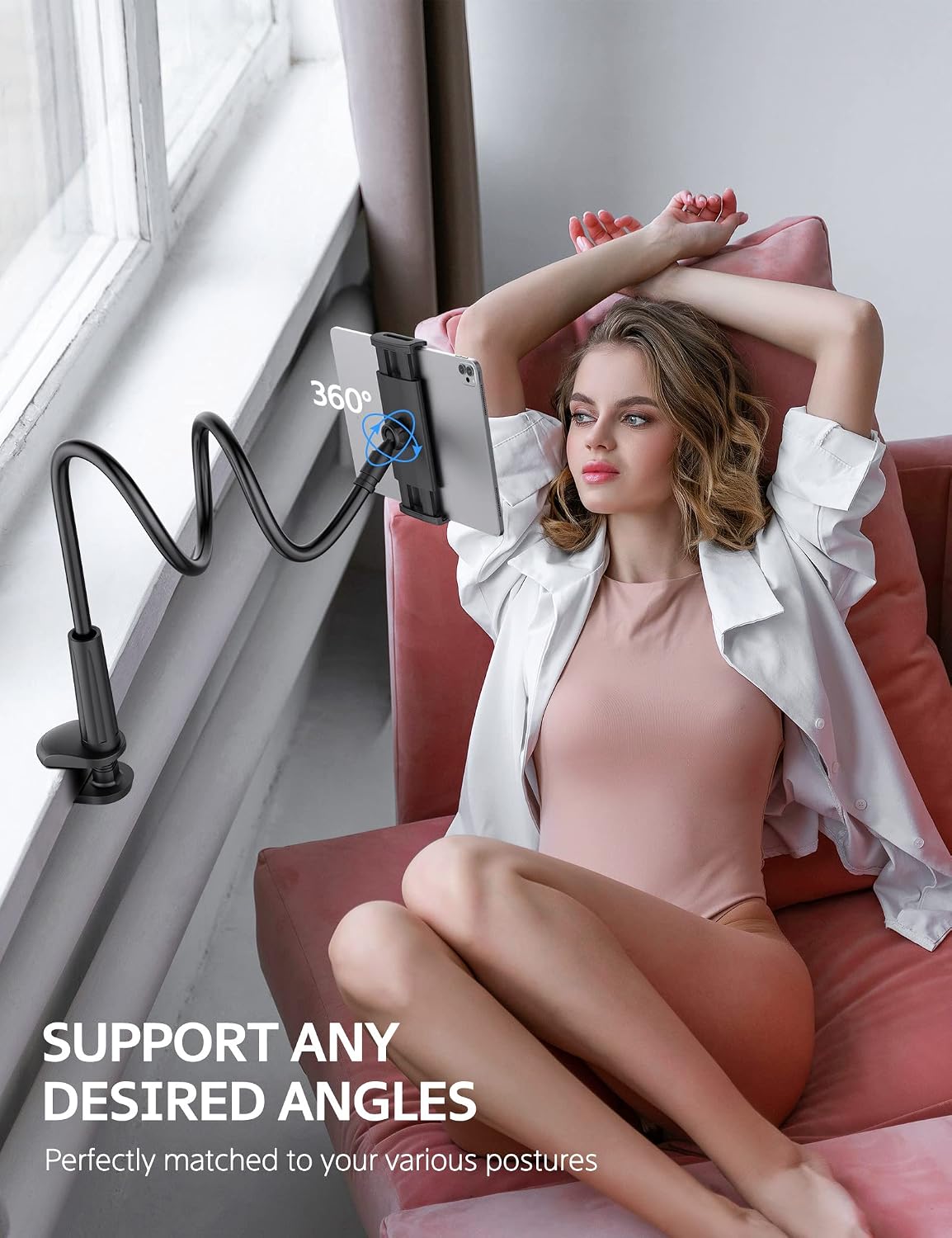 SHAWE 360 4.0~10.5" Gooseneck Tablet Holder Phone Stand, Flexible Tablet Mount for Bed, Adjustable Lazy Arm Holder