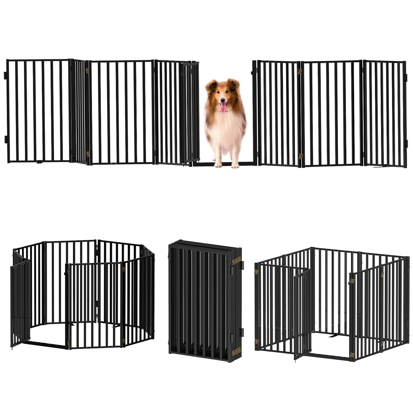Full Metal Freestanding Dog Gates with Door, 32" Height Dog Fences for Indoor & Outdoor, Extra Wide Foldable Pet Gates for Stairs, Hallways, Doorways, Yard (8 Panels, 160" W × 32" H)
