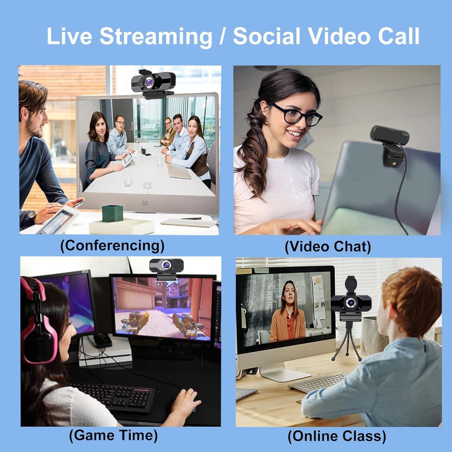 JORPETS 1080p Full HD Webcam with Privacy Shutter and Tripod, Video and Wide Angle Camera, Built-in Mic, Widescreen USB