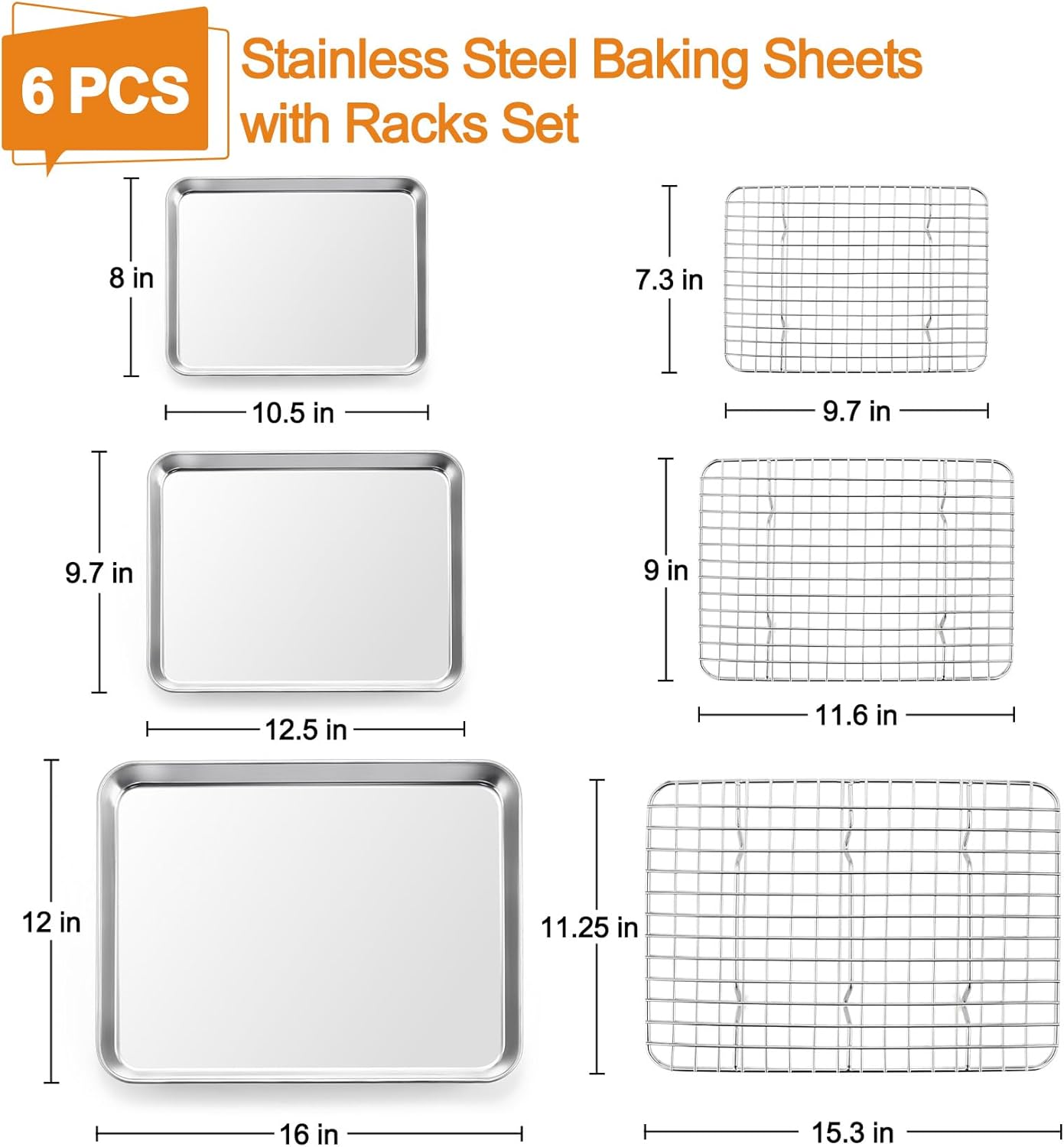 TeamFar Stainless Steel Baking Sheet Set - Heavy Duty Non-Toxic Cookie Sheets & Cooling Racks | 6 PCS (3 Pans + 3 Racks)