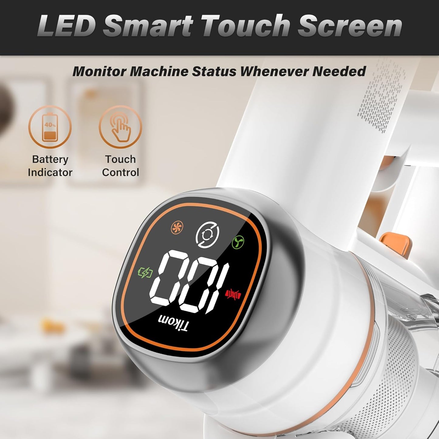 Tikom V500 Cordless Vacuum Cleaner - 40000Pa Suction Power, LED Touch Screen, Lightweight Design for Pet Hair & Hard Floors
