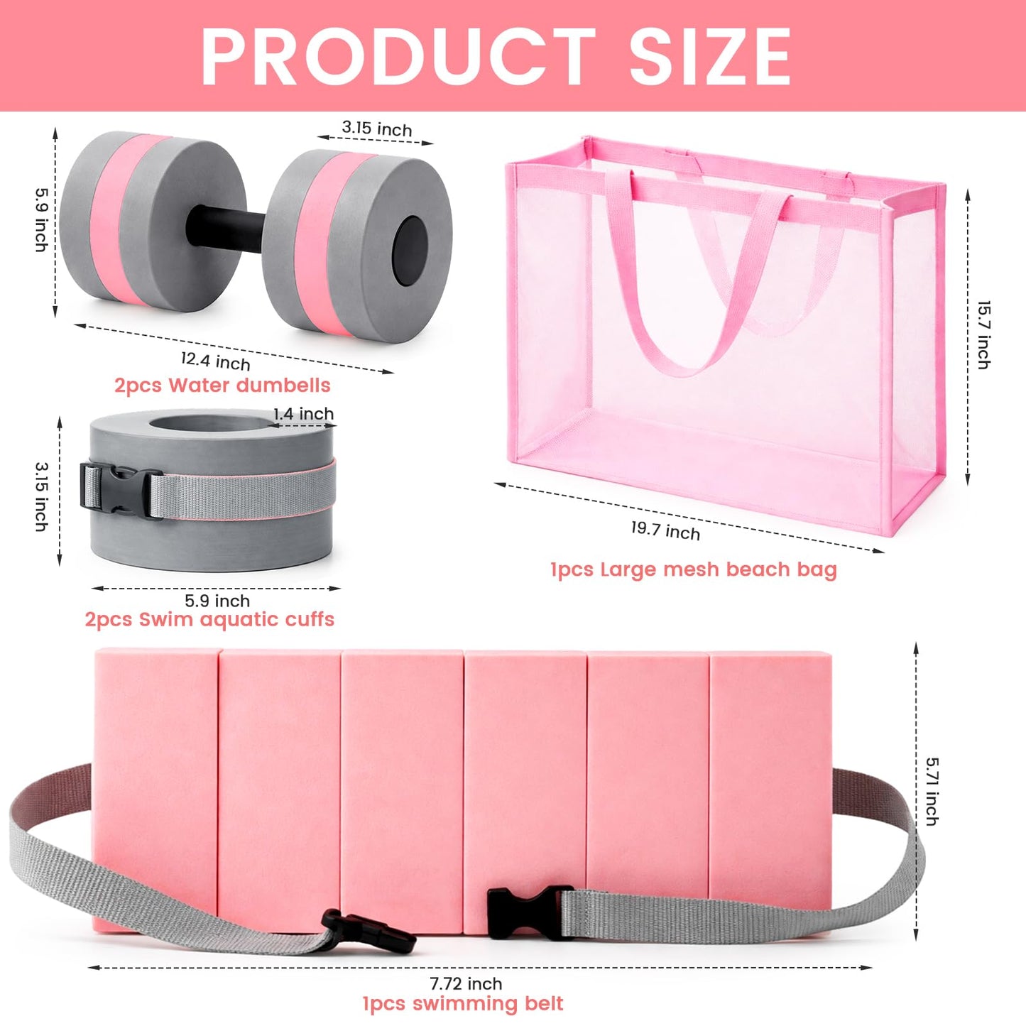 WinnerWhy 6 Pcs Aquatic Exercise Set Water Aerobics Set Large Mesh Beach Bag Pool Fitness Equipment Foam Water Dumbbell Ankle Swimming Weight Aquatic Swim Belt for Exercise Weight Loss(Grey Pink)