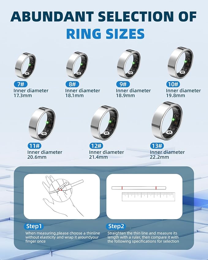 Smart Ring for Women Men Fitness Ring with Step Counting, Heart Rate, Blood Oxygen, Blood Pressure, Sleep Monitoring, IP68 Waterproof for iPhone and Android, No Subscription Fee,Silver 8#