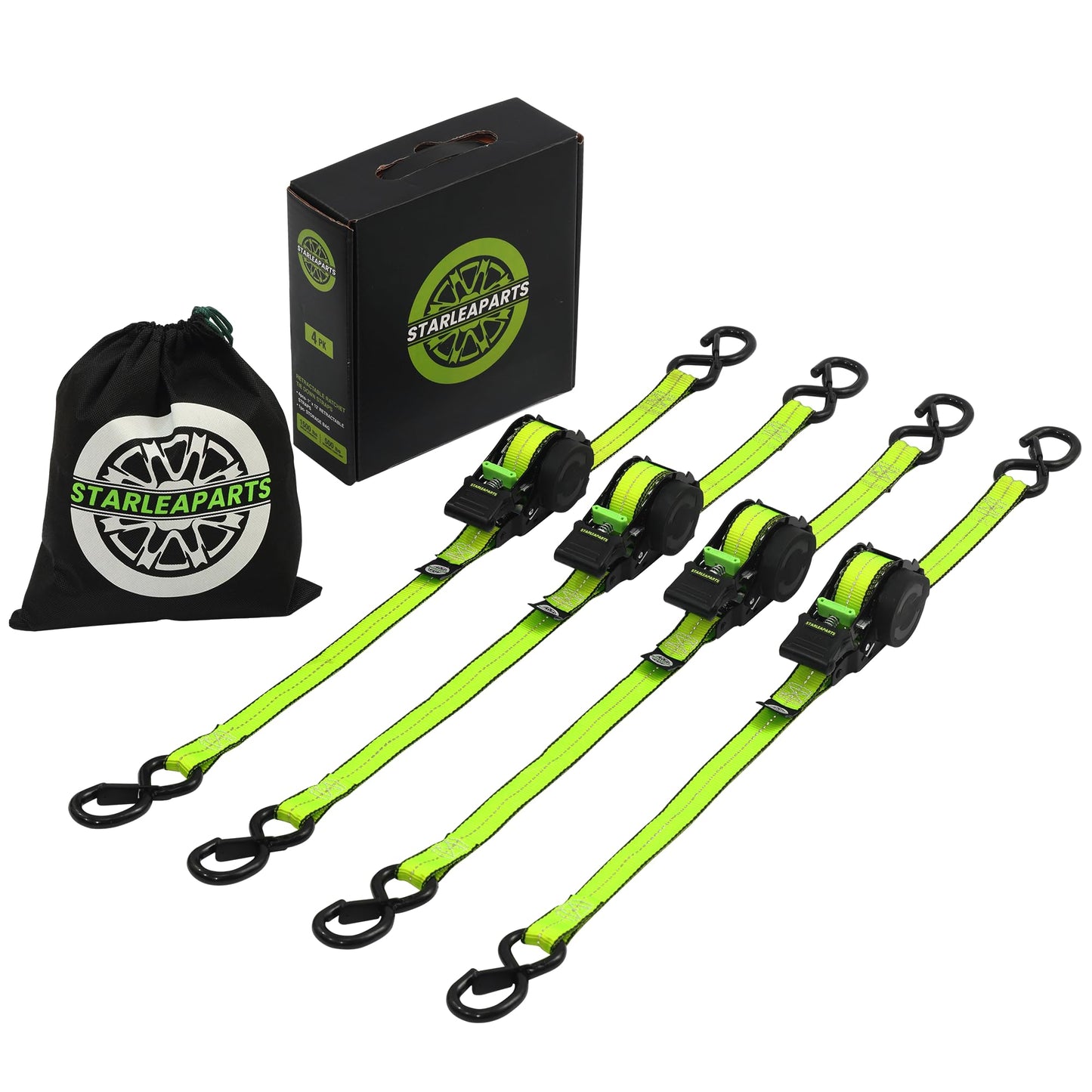 STARLEAPARTS Retractable Ratchet Straps(4PK) - 1,500lb Break Strength, Ratchet Straps Heavy Duty with Rubber Coated Handle, Perfect Auto Ratchet Straps for Motorcycle, Kayak and Trucks